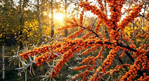 Sea buckthorn berries on branch with sunlight in autumn forest  