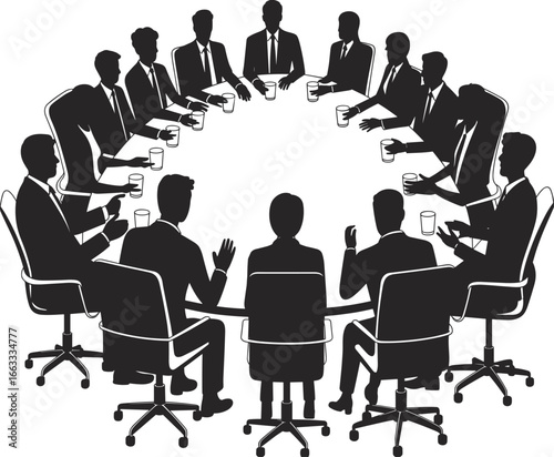 Business professionals in formal attire sitting around round table, discussing ideas, corporate meeting, teamwork, brainstorming, collaboration, strategy planning, leadership, communication, CAD flat 