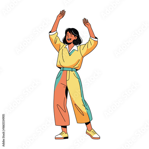 Joyful Expression: A cheerful character, captured in a stylish cartoon illustration, exudes happiness and freedom with arms raised, a wide smile, and vibrant outfit.