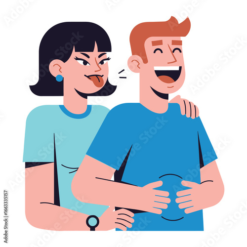 Teasing and Laughter: An amusing illustration captures a playful moment between a woman and a man, brimming with humor, cheekiness, and delight.