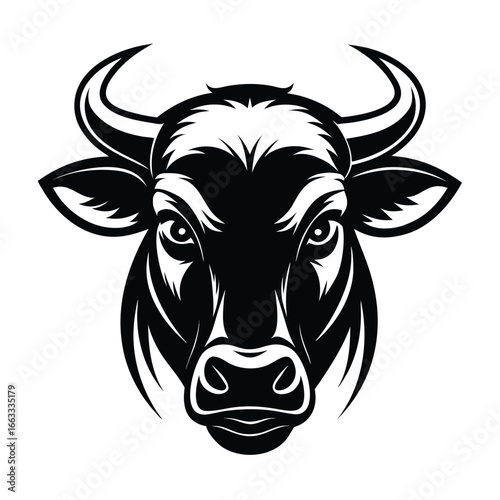An isolated symmetrical vector design of a black Angus bull head.
