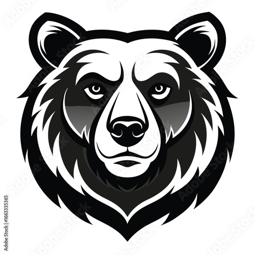 An isolated symmetrical vector design of a mighty bear head silhouette.