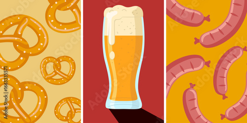 Vector flat beer festival poster. Glass with beer, pretzels, fried sausages. Trendy art for pub, bar, holiday party advertising