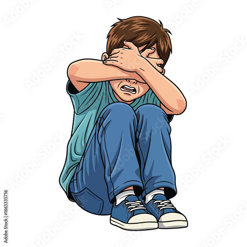 Vulnerable Boy in Distress: A young boy, sitting on the ground, is depicted covering his face, his body language and expression convey deep sadness and emotional pain.