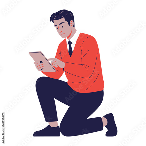 Tech-Savvy Professional Engaged: A focused individual, dressed in contemporary attire, deeply engrossed in the interactive world of his tablet device