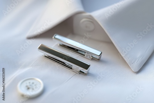 Crisp white shirt detail with polished silver collar stays and button, soft focus light