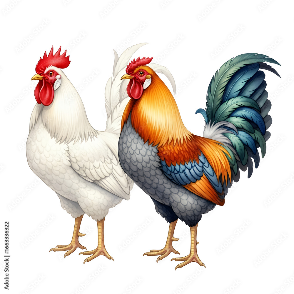 Fototapeta premium Two Roosters Standing Together Isolated on White Background Farm Animals Poultry Illustration