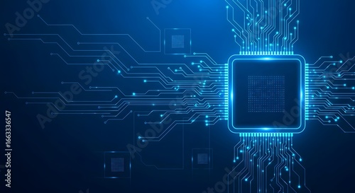 Abstract glowing blue cpu chip with circuit board lines, representing technology and digital processing
