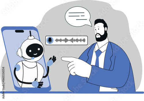 Online learning, cute cartoon robot assistant holds conference, chat bot, ai gives answers to questions. Machine intelligence helps in data processing, information analysis, artificial intelligence