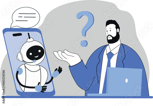 Human asks questions AI, chat bot, cute robot assistant online chat, machine intelligence helps business development. Flat illustration concept of the benefits of using artificial intelligence