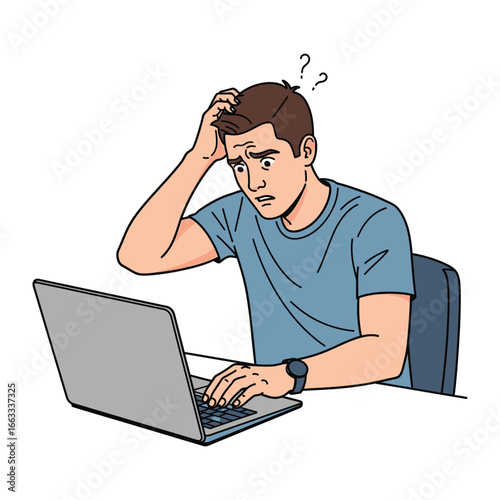 Confused and Overwhelmed: A man faces a technological challenge, lost in thought as he grapples with a laptop, symbolizing modern struggles.