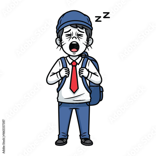 Exhausted schoolboy: Depicting the relatable struggle of a tired student. A black and white illustration of a schoolboy yawning and showing fatigue and sleepiness. 