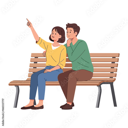 Couple on the Bench: A couple sits intimately on a wooden bench, sharing a tender moment as they look toward something beautiful, symbolizing togetherness, anticipation, and love.