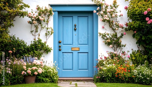 Charming blue door, vibrant flowers