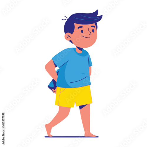 Cheerful Child's Leisure: Capturing a spirited young boy, adorned in vibrant attire, ambling playfully barefoot, this illustration encapsulates the sheer delight and innocence of youth.