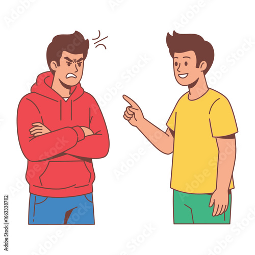 Confrontation: A scene of interpersonal conflict unfolds with one person exhibiting angry body language and the other person showing a neutral expression.