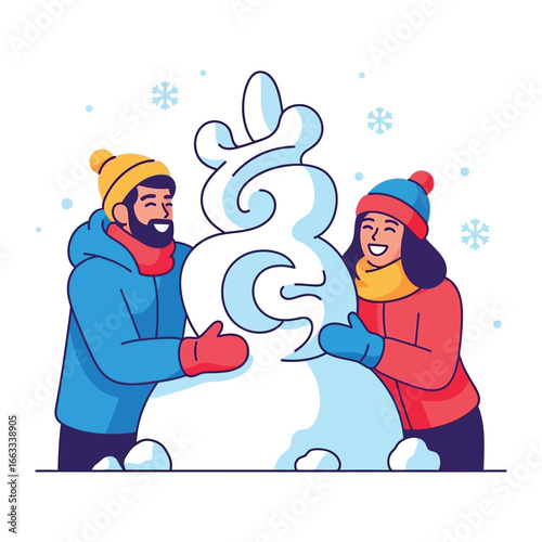 Cozy Winter Fun: A joyful couple, bundled in warm winter wear, gleefully crafts a snowman amidst a flurry of delicate snowflakes. capturing winter joy and camaraderie 