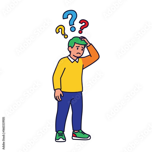 Overwhelmed: A vector illustration captures a moment of confusion as a person is surrounded by question marks. The artwork portrays a person lost in thought, hand on head.