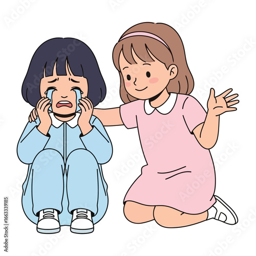 Supportive Compassion: A tender illustration depicting a child comforting a crying friend, embodying empathy, kindness, and the power of friendship.