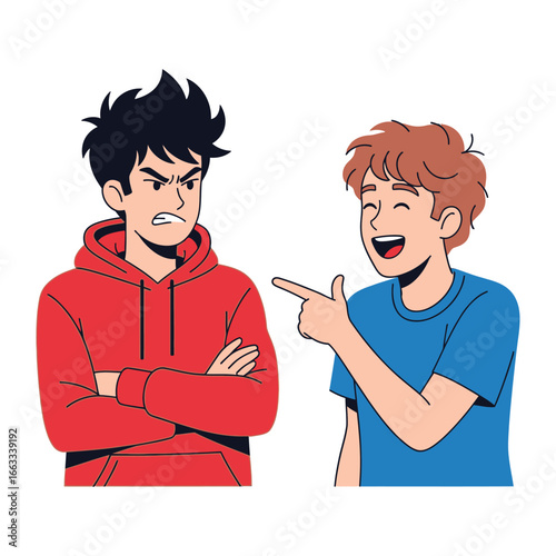 Disagreement and Mockery: An illustration capturing a tense interaction between two young men. One displays anger with crossed arms, while the other points and laughs, embodying a conflict.