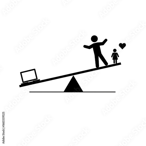 Work-Life Balance Concept: Balancing Laptop, Child, and Love on a Teeter-Totter