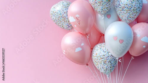 Pink and White Balloons with Confetti and Cloud Designs on Pink Background