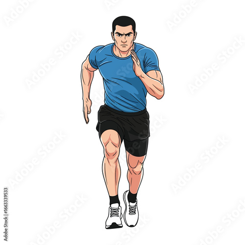 Energetic Sprint: An illustrated athlete charges forward in a dynamic display of power and dedication, his form streamlined and muscles engaged as he strives for excellence.