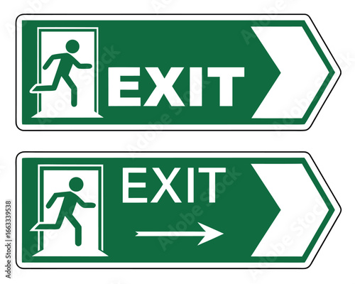 Vector art of green exit sign with running person icon and directional arrow