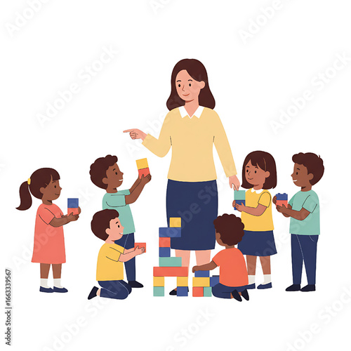 Teacher with Children Playing with Blocks in a Classroom Illustration
