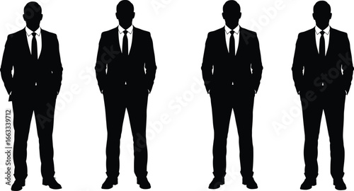 Businessman Silhouette in Suit, Standing Male Figures, Corporate Professional Icons, Team of Executives, Formal Attire People Vector, Office Man Symbol Graphic CAD Drawing Flat Vector Illustration