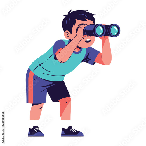 Curious Explorer: A vibrant illustration depicts a young boy enthusiastically peering through binoculars, embodying the spirit of exploration and discovery.