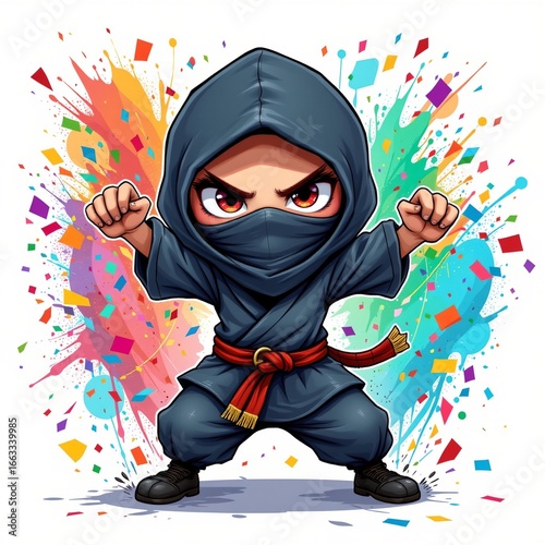 a carefree ninja throwing confetti, in a vibrant cartoon style with paint splashes on a white background.