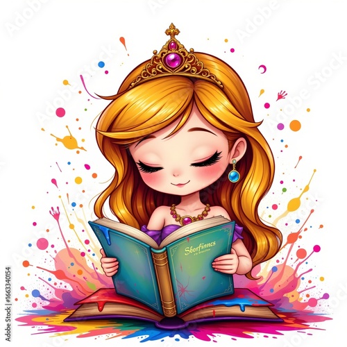 a imaginative princess reading a storybook, in a vibrant cartoon style with paint splashes on a white background.