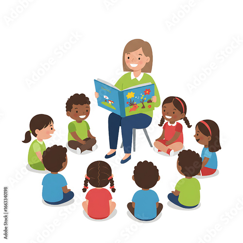 Teacher Reading Storybook to Circle of Children Preschool Classroom Illustration
