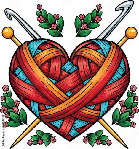 vector design of a yarn heart ball with vibrant colors
