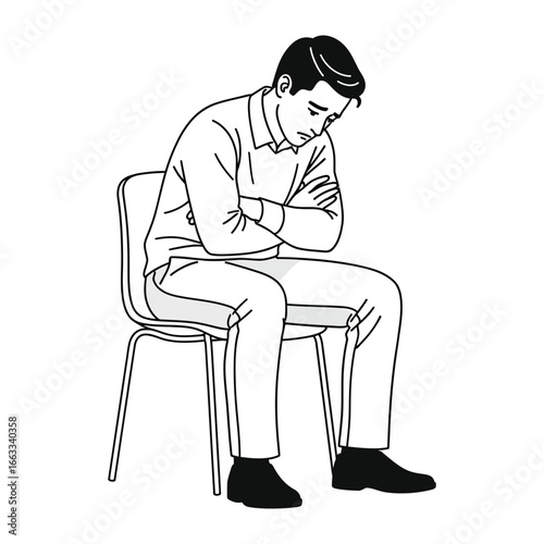 Contemplative Moment: A poignant illustration of a lone figure, seated in introspection, his body language a study in quiet reflection and somber thought. 