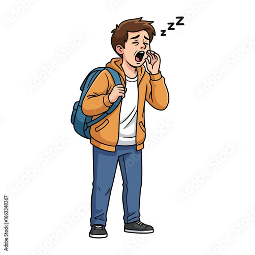 Tired student: A cartoon image shows a sleepy student burdened by a backpack, yawning, symbolizing fatigue, exhaustion, and the challenges of balancing student life.