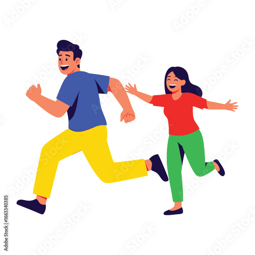 Joyful Pursuit: A lively cartoon depicts a man energetically sprinting forward, closely followed by a woman extending her arms in a playful chase.