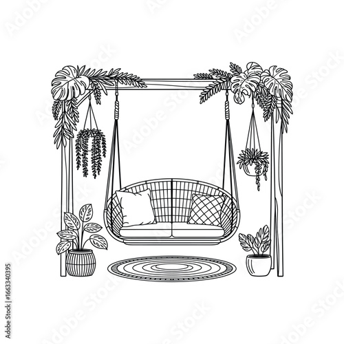 Cozy outdoor seating area with hanging rattan swing chair lush greenery and plants inviting relaxation white background