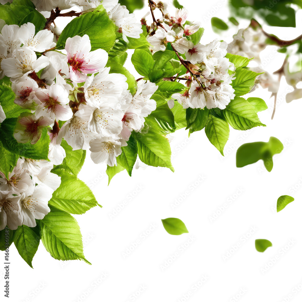 Fototapeta premium Blossoming spring branches with vibrant flowers and leaves