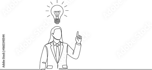 Businesswoman having bright idea, pointing finger, creativity concept, light bulb above head, office thinking moment, innovation, solution, vector drawingBusinesswoman having bright idea, pointing fin