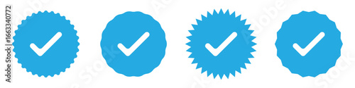  White tick on blue circle. Set of 4 blue tick mark on isolated white background.  Approve vector icon set. Vector icon set.  Check mark list on white background. 