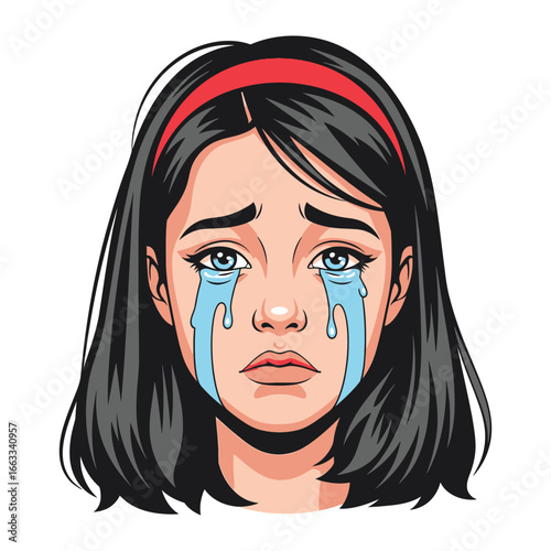 Tears of Sadness:  A poignant illustration of a young woman, with a crimson headband, is caught in a moment of vulnerability, tears streaming down her face.