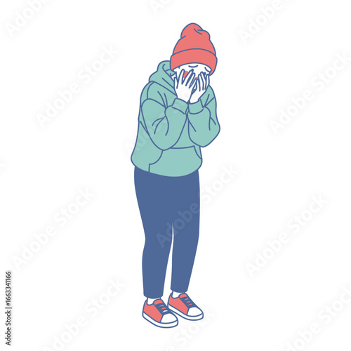 Vulnerability Embodied: An illustration captures a person, cloaked in a cozy beanie and hoodie, overcome with grief. The person hides their face, their posture mirroring the weight of emotion.