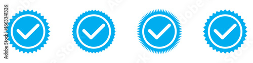 Blue tick mark icon on white background. White tick on blue circle. Set of 4 blue tick mark on isolated white background.  Approve icon set. EPS 10.