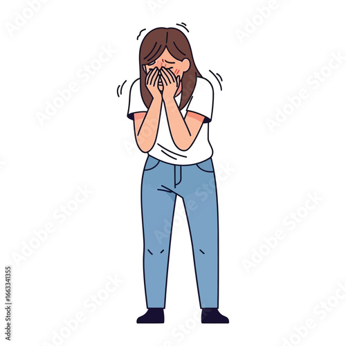 Emotions Concealed: A person, overcome with emotion, clasps their hands to their face, their body language revealing a state of vulnerability and introspection.