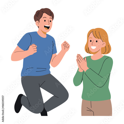 Celebration: A man enthusiastically jumps, celebrating a moment of joy and triumph, while a woman applauds.