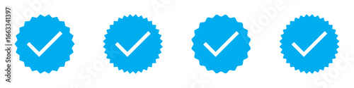 Blue tick mark icon on white background. White tick on blue circle. Set of 4 blue tick mark on isolated white background.  Approve icon set. EPS 10.