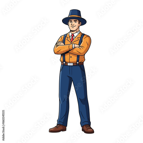 The Confident Man: A full-body portrait of a man dressed with a hat and suspenders, arms crossed, radiating self-assurance and embodying a strong, composed presence.
