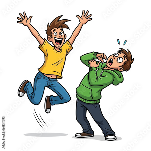 Joyful Surprise: A jubilant individual leaps with glee as they surprise a friend with unexpected delight. This vibrant illustration encapsulates the essence of pure friendship and lighthearted fun.